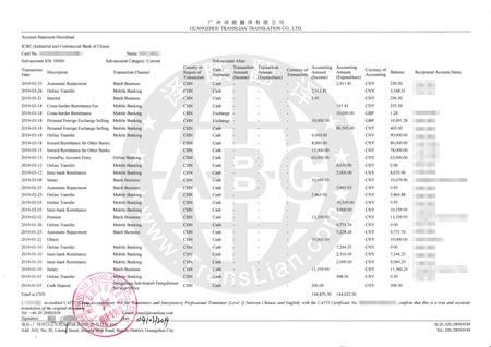 銀行開(kāi)具的流水對(duì)賬單翻譯樣本圖片