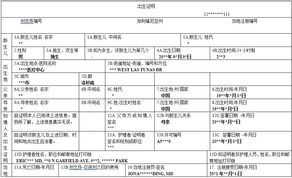加利福尼亞州出生證明翻譯模板