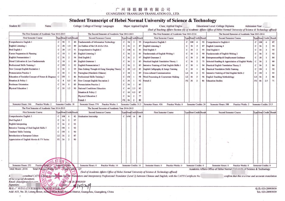 大學成績單翻譯認證樣本圖片